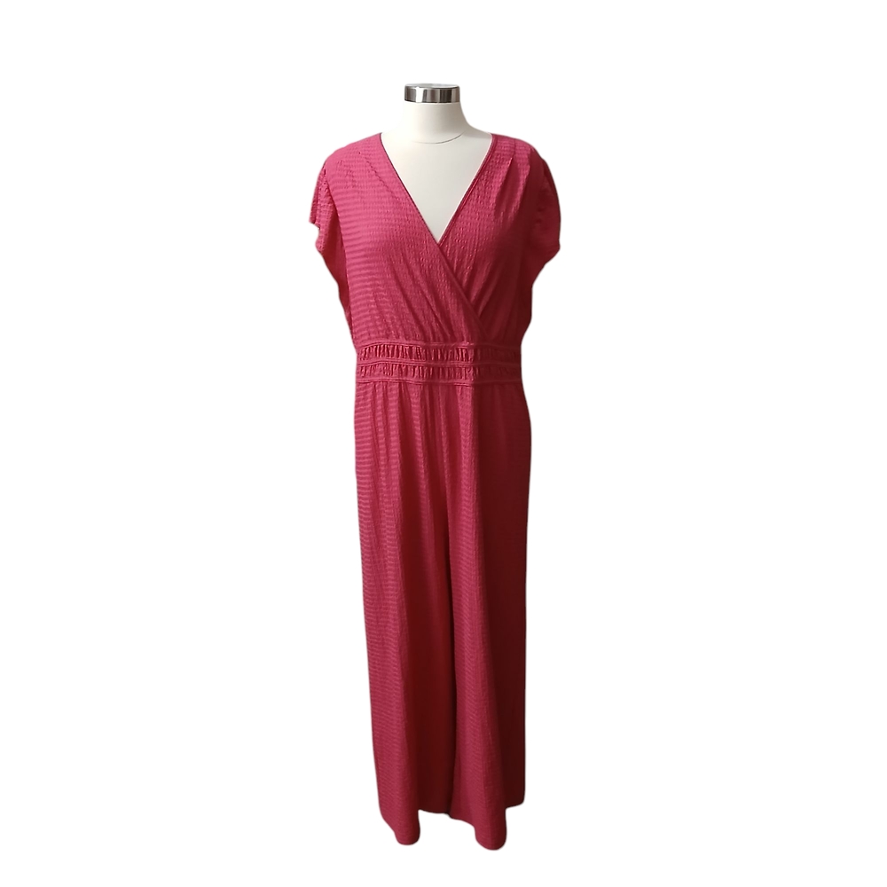 Stella & Julie | Pink Stretch V-Neck Pull Up Jumpsuit with Cap Sleeves Size 1X